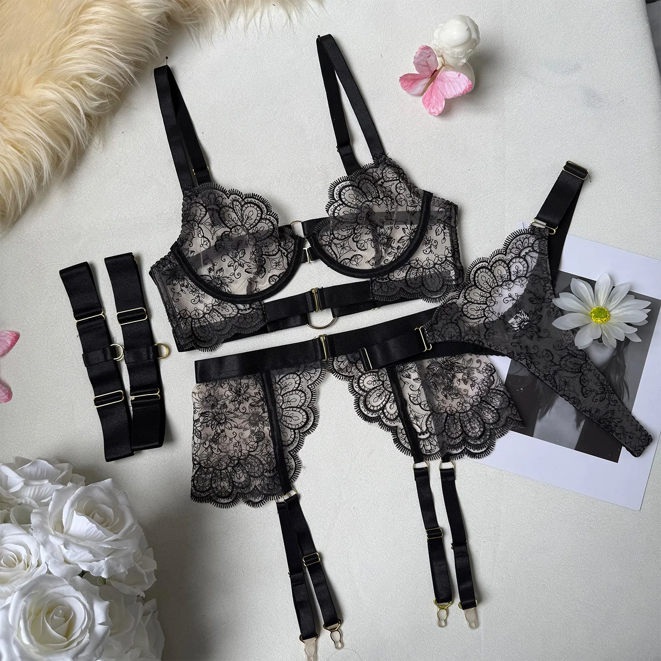 Embroidered Floral Lingerie Set 049 view 5