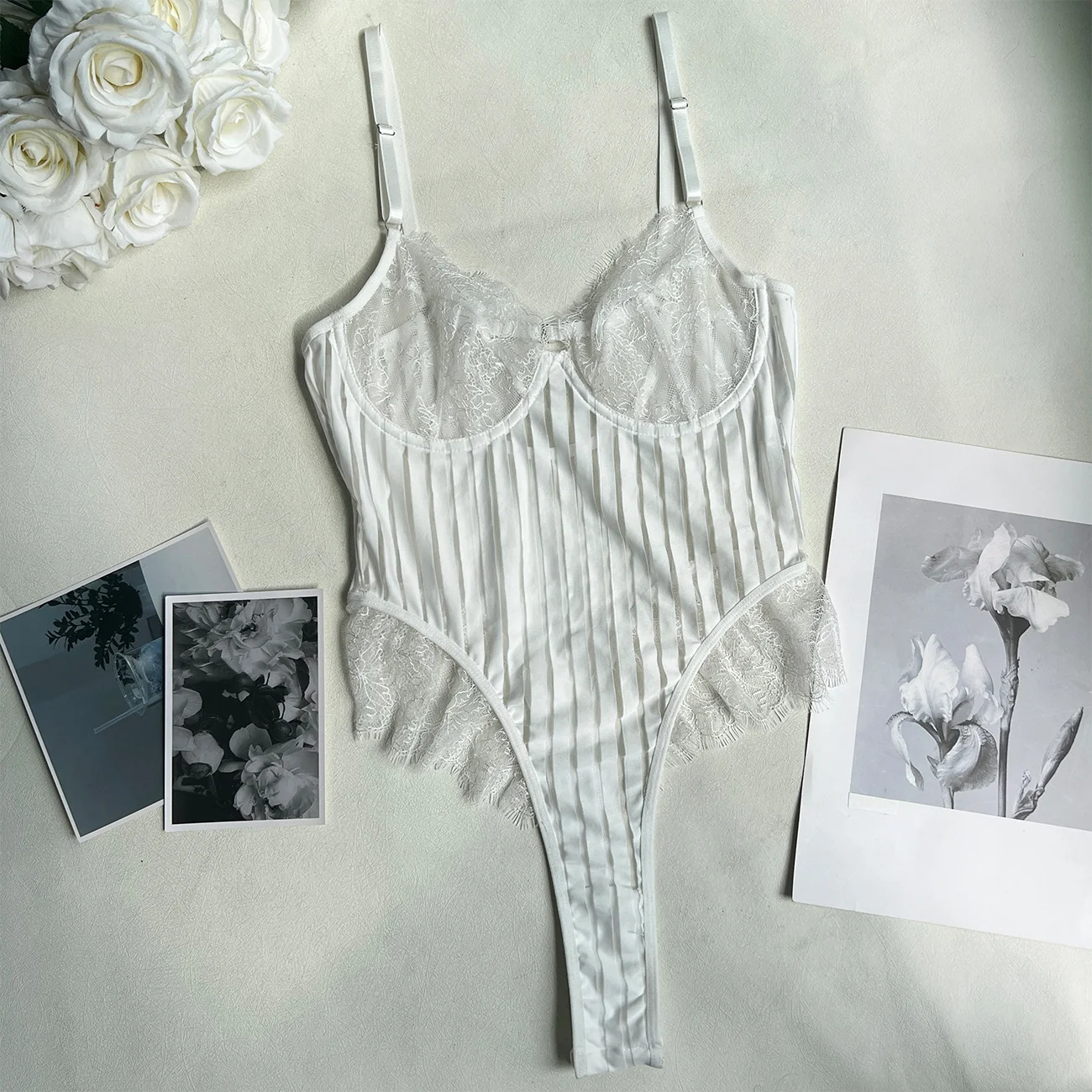 Lace Mesh Striped Bodysuit 056 view 5