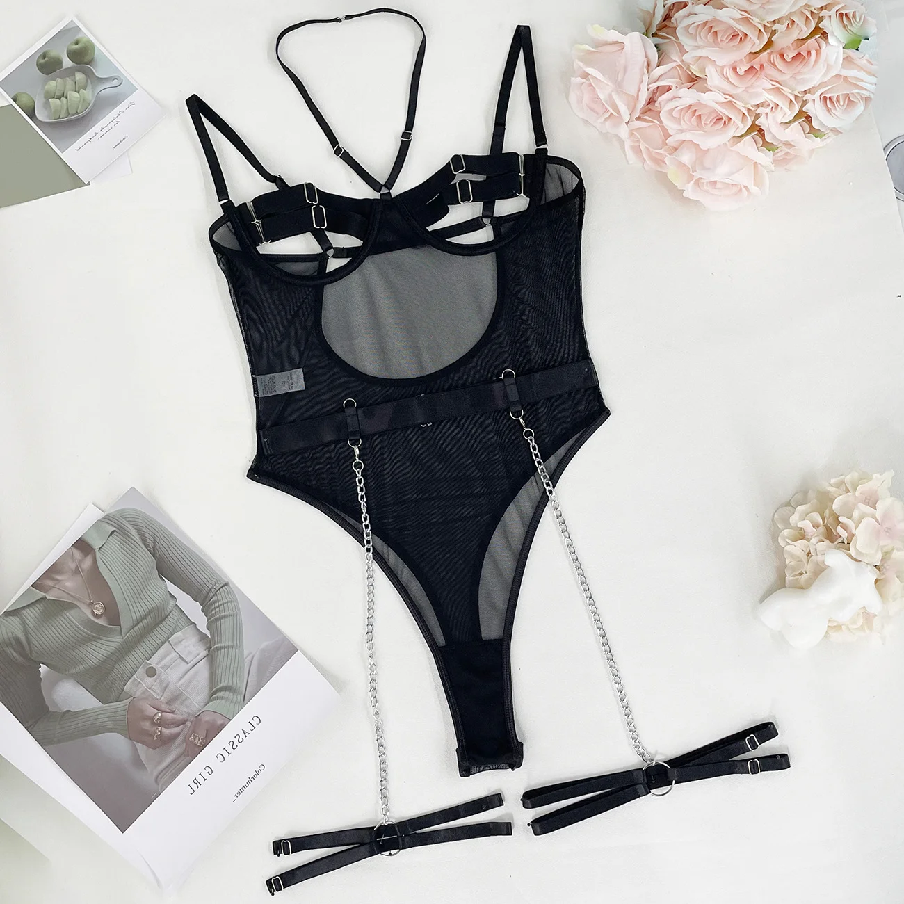 Mesh Chain Detail Open-Back Bodysuit 055 view 6