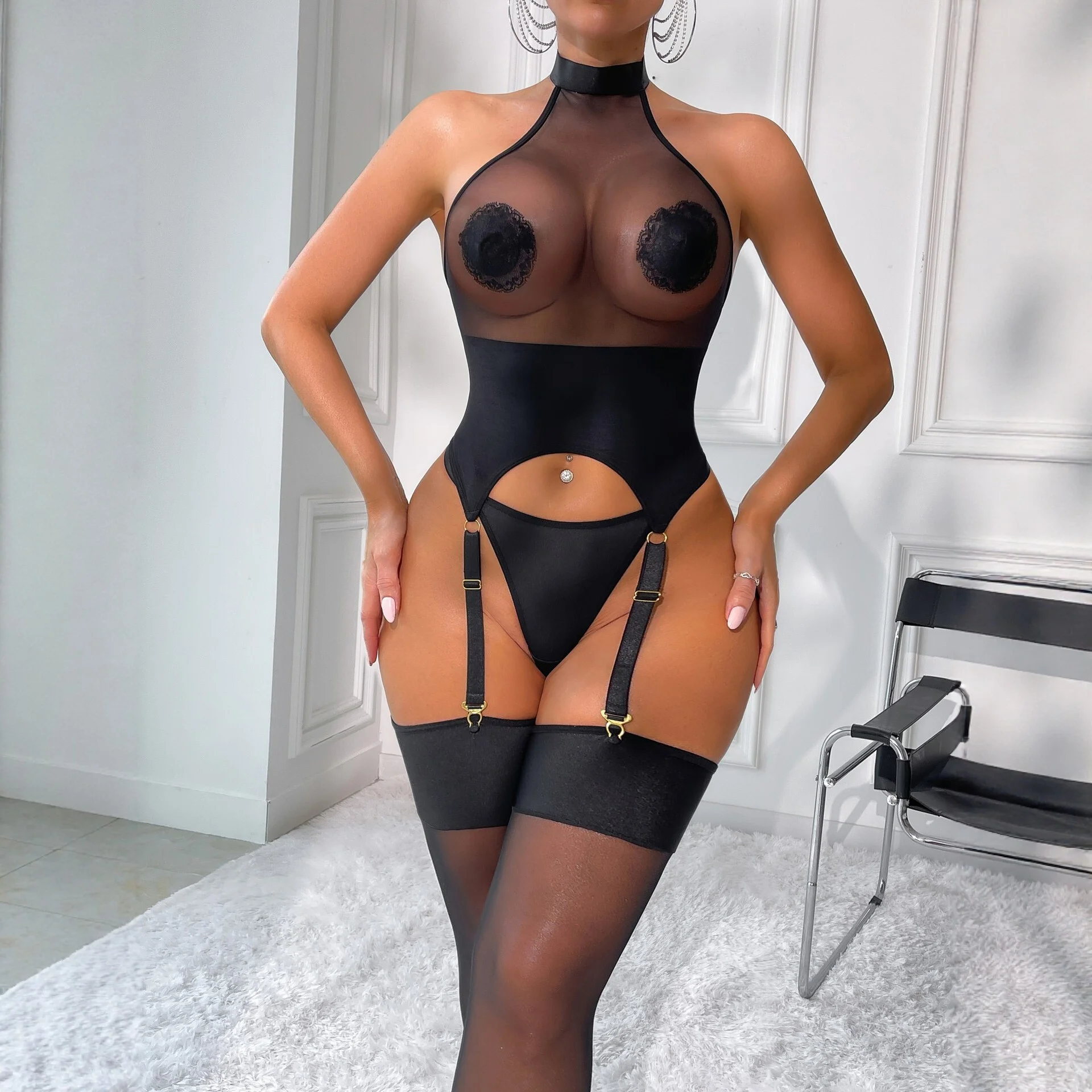 Black Lace Halter Bodysuit 042 view 2