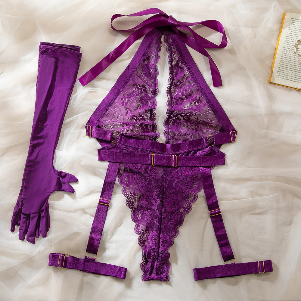 Purple Lace Halter Bodysuit 097 view 7