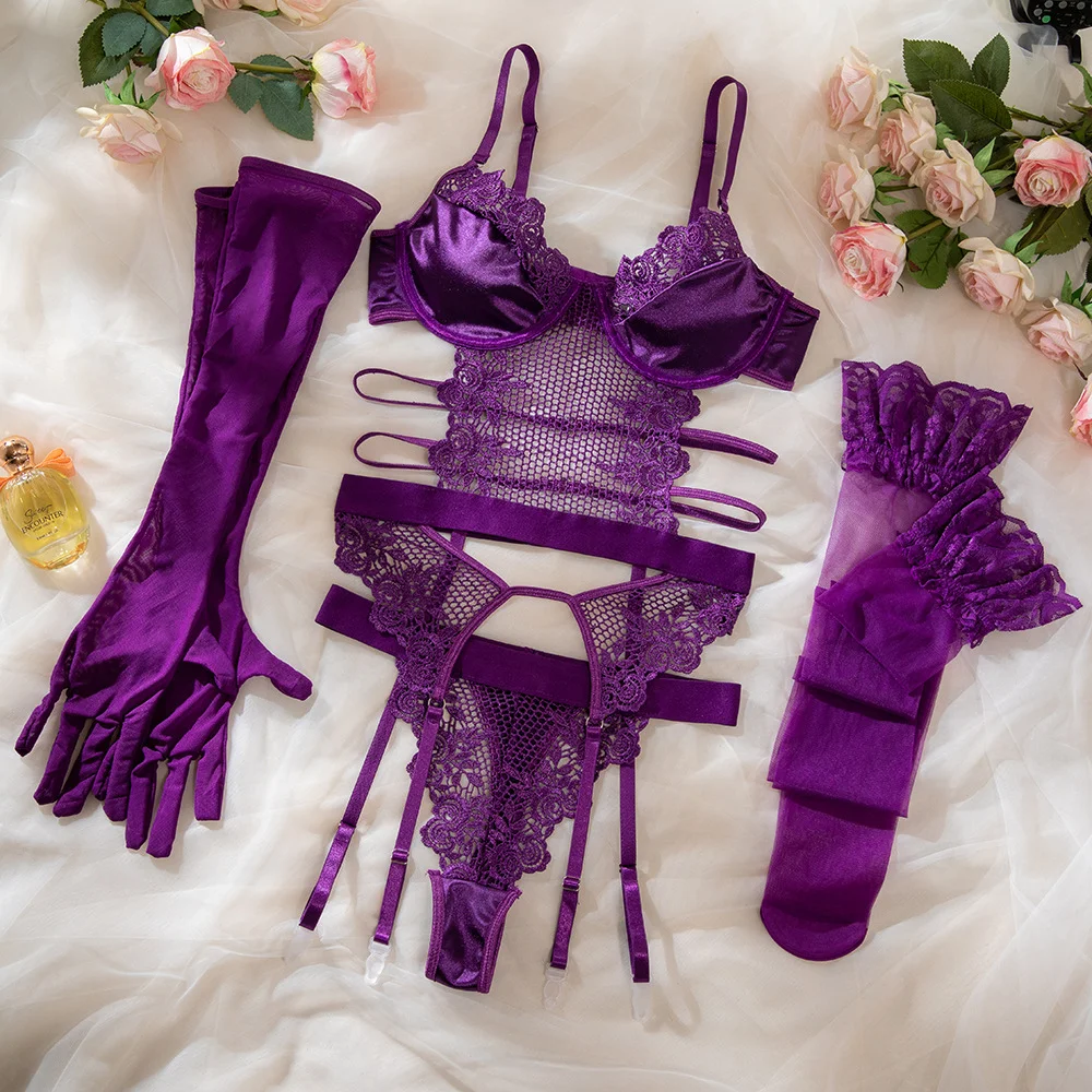 Purple Sheer Glove Bra Set 131 view 5