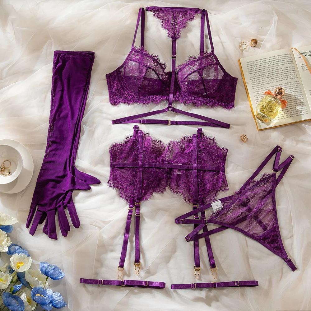 Purple Lace Halter Bra Set 133 view 5